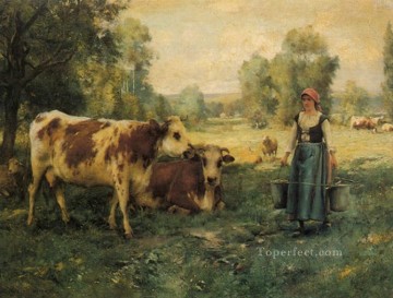 Julien Dupré Painting - Una lechera con vacas y ovejas Vida en la granja Realismo Julien Dupre